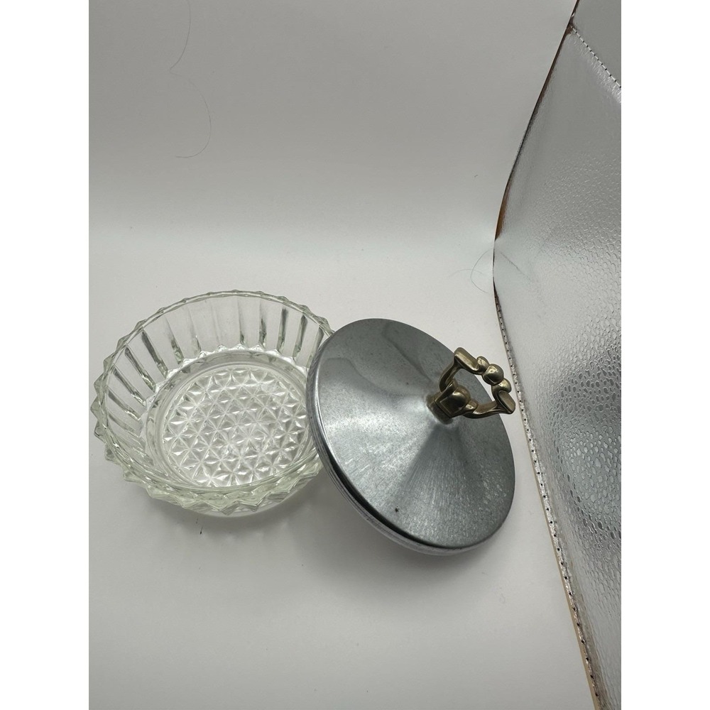 Vintage Clear Cut Glass Candy Dish Lidded Trinket Bowl Gold Tone Finial